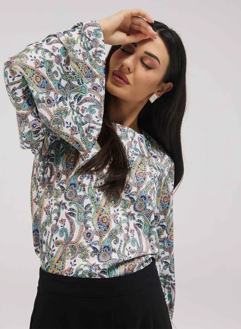 Zigzag Flared Sleeve Printed Top